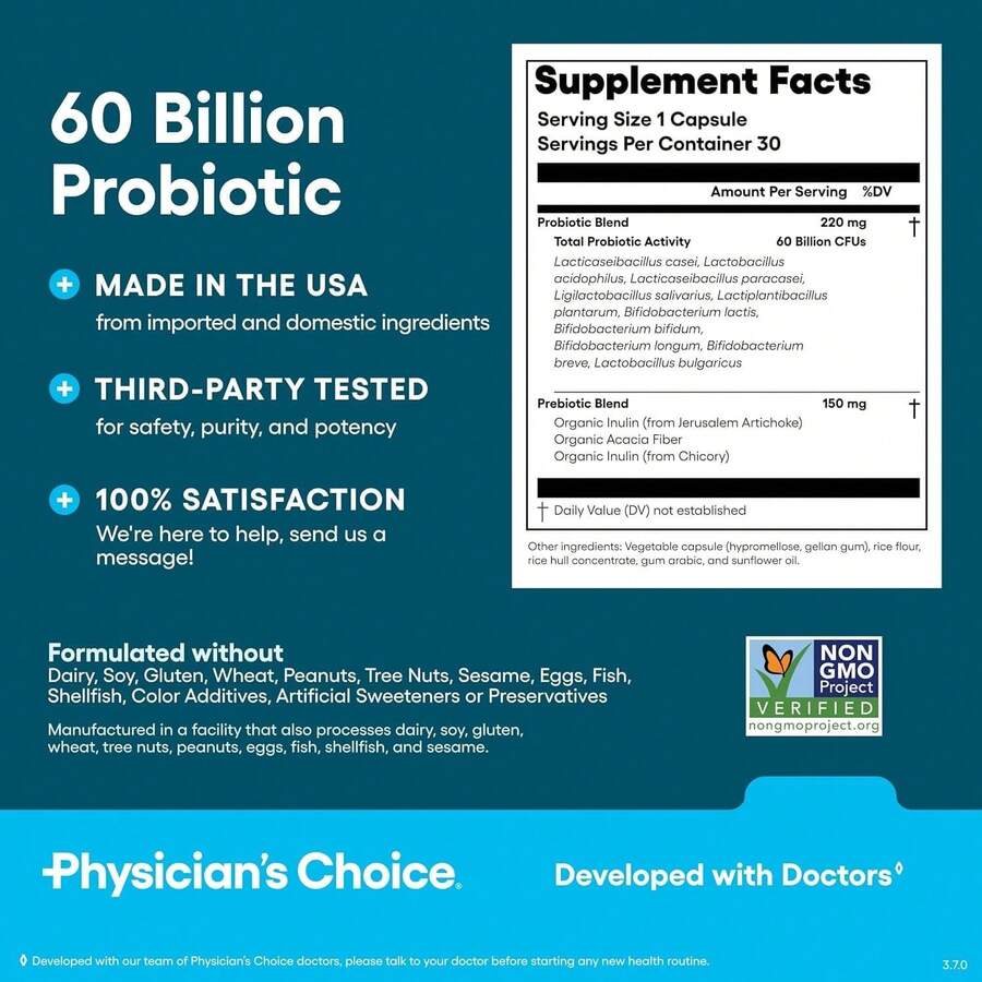 Physician's CHOICE 60CT Dual Action Digestive Enzymes 16 Enzymes + Organic Prebiotics Probiotics  Gut & Digestive Comfort Support. - 1bottel