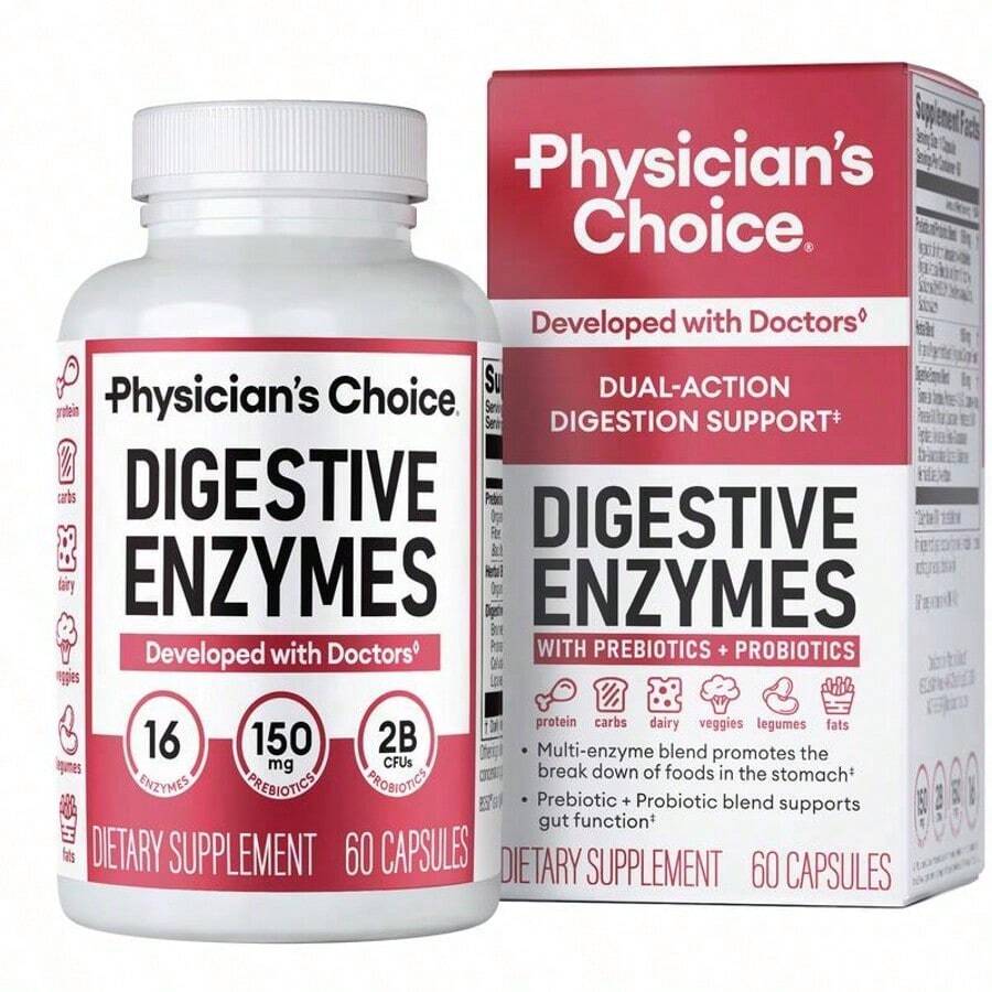 Physician's CHOICE 60CT Dual Action Digestive Enzymes 16 Enzymes + Organic Prebiotics Probiotics  Gut & Digestive Comfort Support. - 1PC