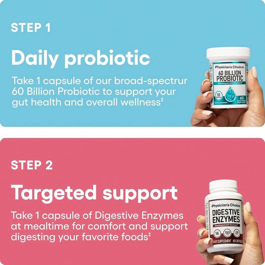 Physician's CHOICE 60CT Dual Action Digestive Enzymes 16 Enzymes + Organic Prebiotics Probiotics  Gut & Digestive Comfort Support. - Default Color
