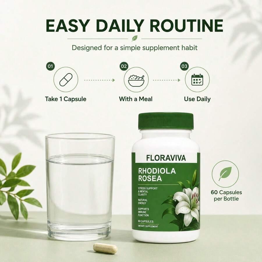 FLORAVIVA Rhodiola Rosea 500mg Capsules, Rhodiola Extract Supplement With 3% Salidrosides & 1% Rosavins, Natural Energy, Stress Support, Mental Clarity, Focus & Immune Wellness Support, Vegan Gluten Free, 60 Capsules - 2bottel