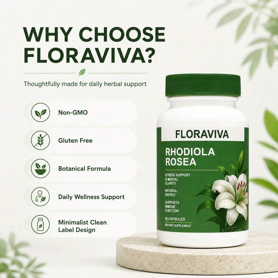 FLORAVIVA Rhodiola Rosea 500mg Capsules, Rhodiola Extract Supplement With 3% Salidrosides & 1% Rosavins, Natural Energy, Stress Support, Mental Clarity, Focus & Immune Wellness Support, Vegan Gluten Free, 60 Capsules - 2bottel