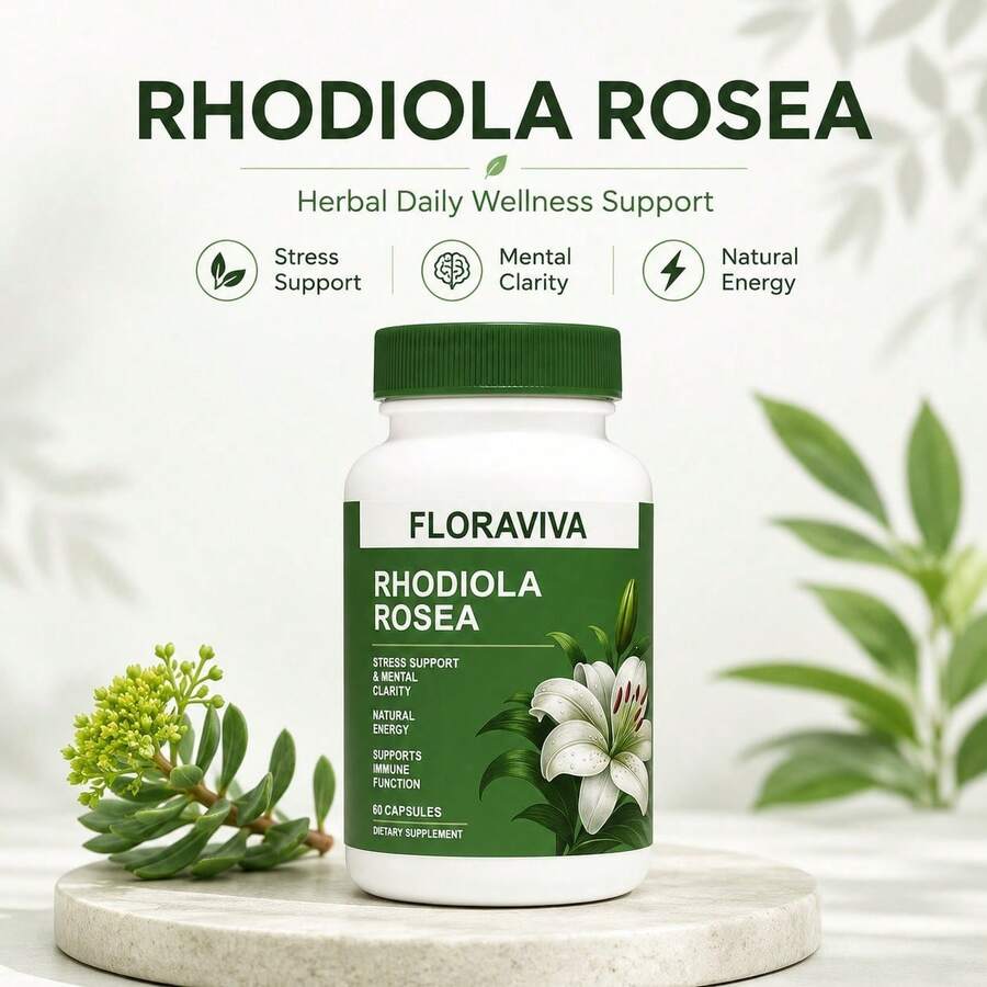 FLORAVIVA Rhodiola Rosea 500mg Capsules, Rhodiola Extract Supplement With 3% Salidrosides & 1% Rosavins, Natural Energy, Stress Support, Mental Clarity, Focus & Immune Wellness Support, Vegan Gluten Free, 60 Capsules - 1bottel