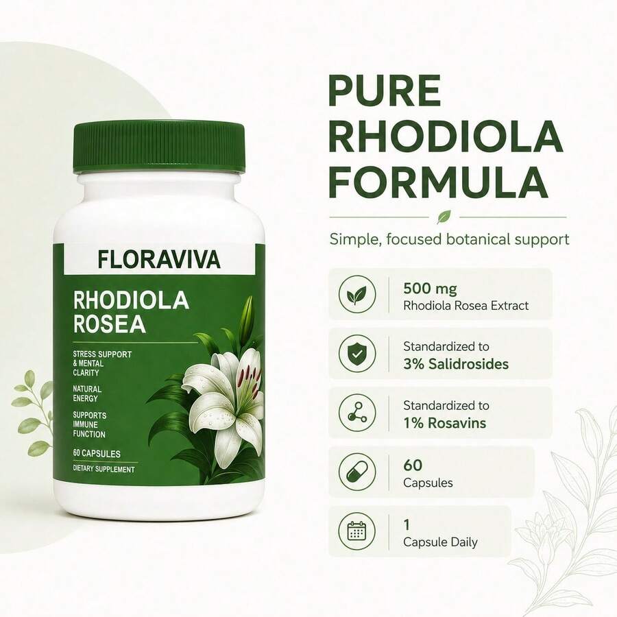 FLORAVIVA Rhodiola Rosea 500mg Capsules, Rhodiola Extract Supplement With 3% Salidrosides & 1% Rosavins, Natural Energy, Stress Support, Mental Clarity, Focus & Immune Wellness Support, Vegan Gluten Free, 60 Capsules - 2bottel