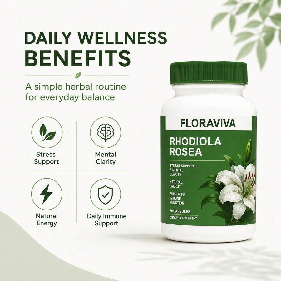 FLORAVIVA Rhodiola Rosea 500mg Capsules, Rhodiola Extract Supplement With 3% Salidrosides & 1% Rosavins, Natural Energy, Stress Support, Mental Clarity, Focus & Immune Wellness Support, Vegan Gluten Free, 60 Capsules - 3 Bottles