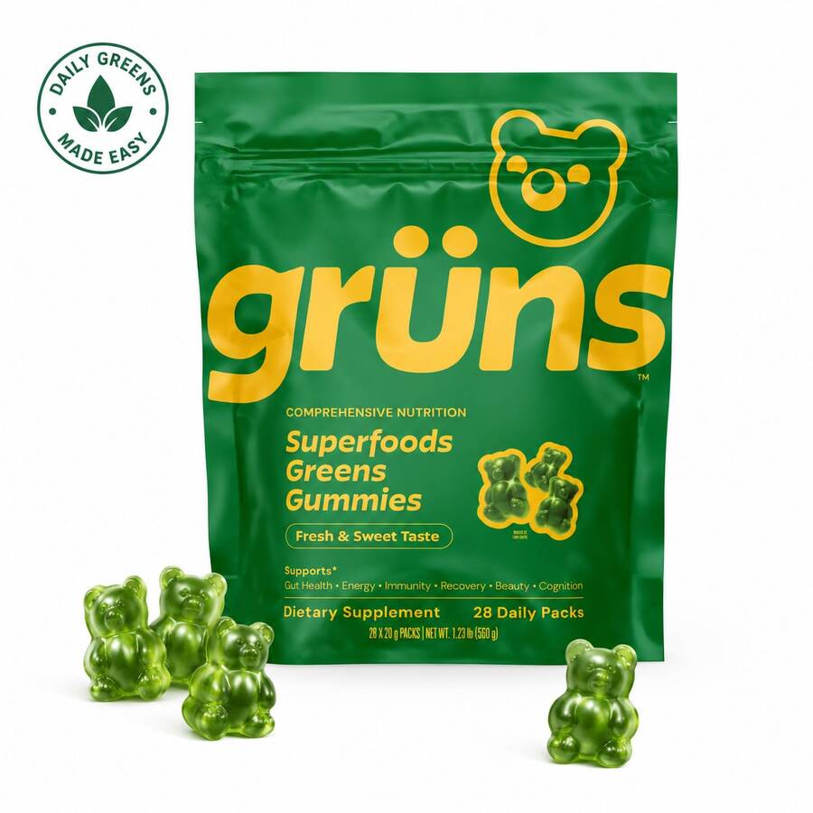 Grüns Superfood Greens Gummy Dietary Blend, 60+ Plant & Vitamin Ingredients, Vegan Gluten Free Third Party Tested - 1-pack