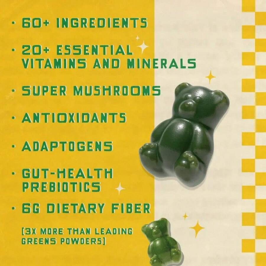 Grüns Superfood Greens Gummy Dietary Blend, 60+ Plant & Vitamin Ingredients, Vegan Gluten Free Third Party Tested - 1-pack