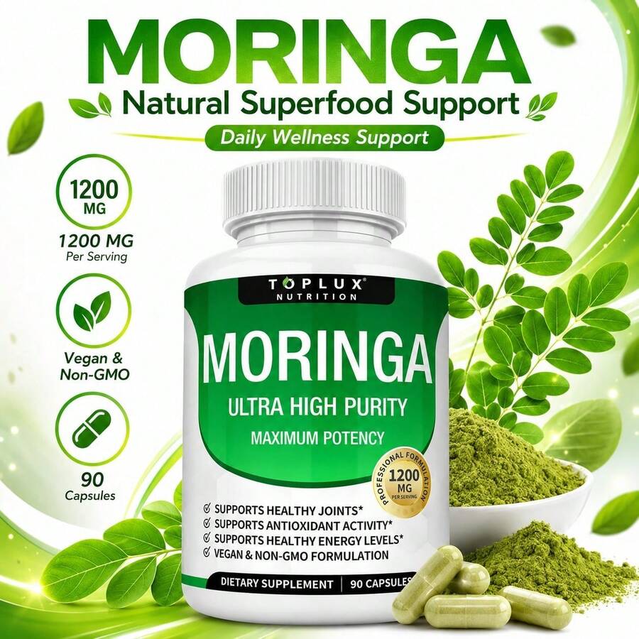 Moringa Oleifera Capsules, Natural Moringa Leaf Supplement With Plant-Based Antioxidants, Daily Energy, Immune, Digestive & Overall Wellness Support, Vegan Non-GMO Capsules - 3 Bottles