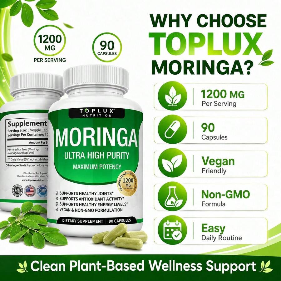 Moringa Oleifera Capsules, Natural Moringa Leaf Supplement With Plant-Based Antioxidants, Daily Energy, Immune, Digestive & Overall Wellness Support, Vegan Non-GMO Capsules - 1bottel