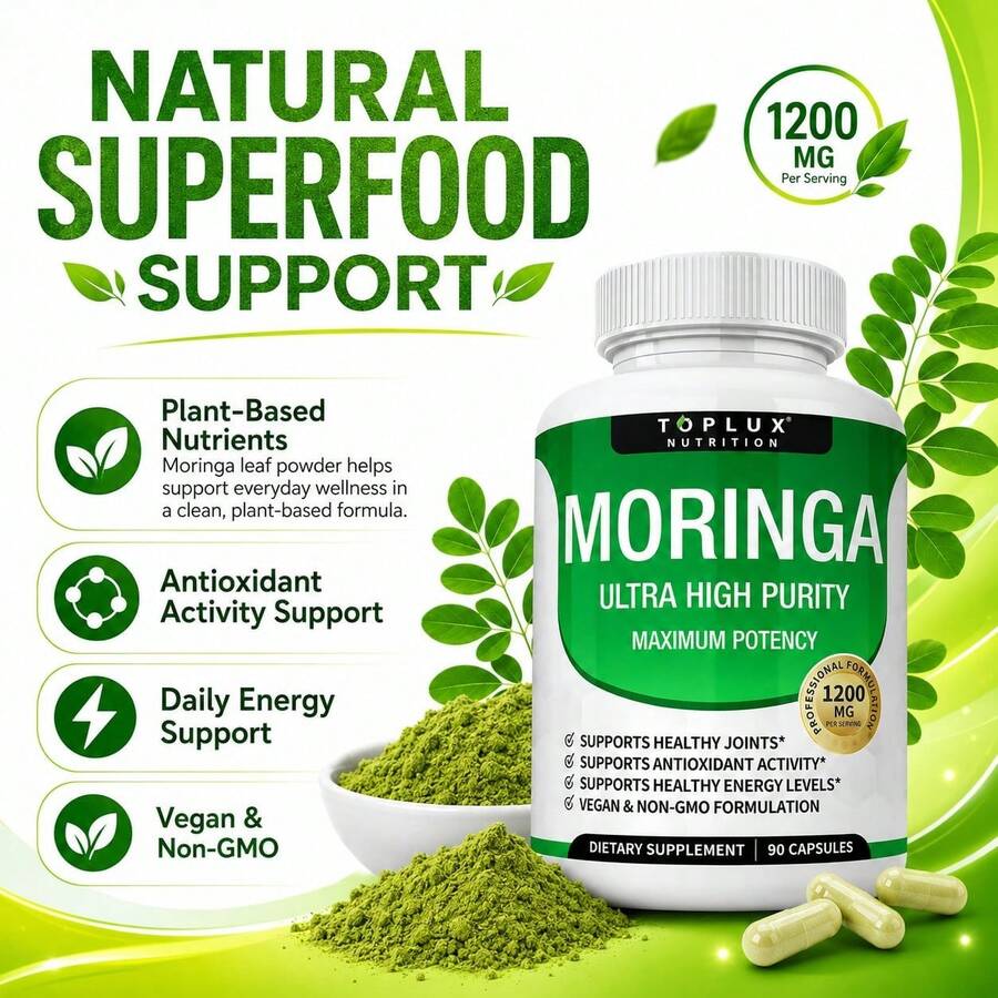 Moringa Oleifera Capsules, Natural Moringa Leaf Supplement With Plant-Based Antioxidants, Daily Energy, Immune, Digestive & Overall Wellness Support, Vegan Non-GMO Capsules - 2bottel