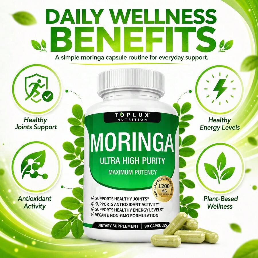 Moringa Oleifera Capsules, Natural Moringa Leaf Supplement With Plant-Based Antioxidants, Daily Energy, Immune, Digestive & Overall Wellness Support, Vegan Non-GMO Capsules - 3 Bottles