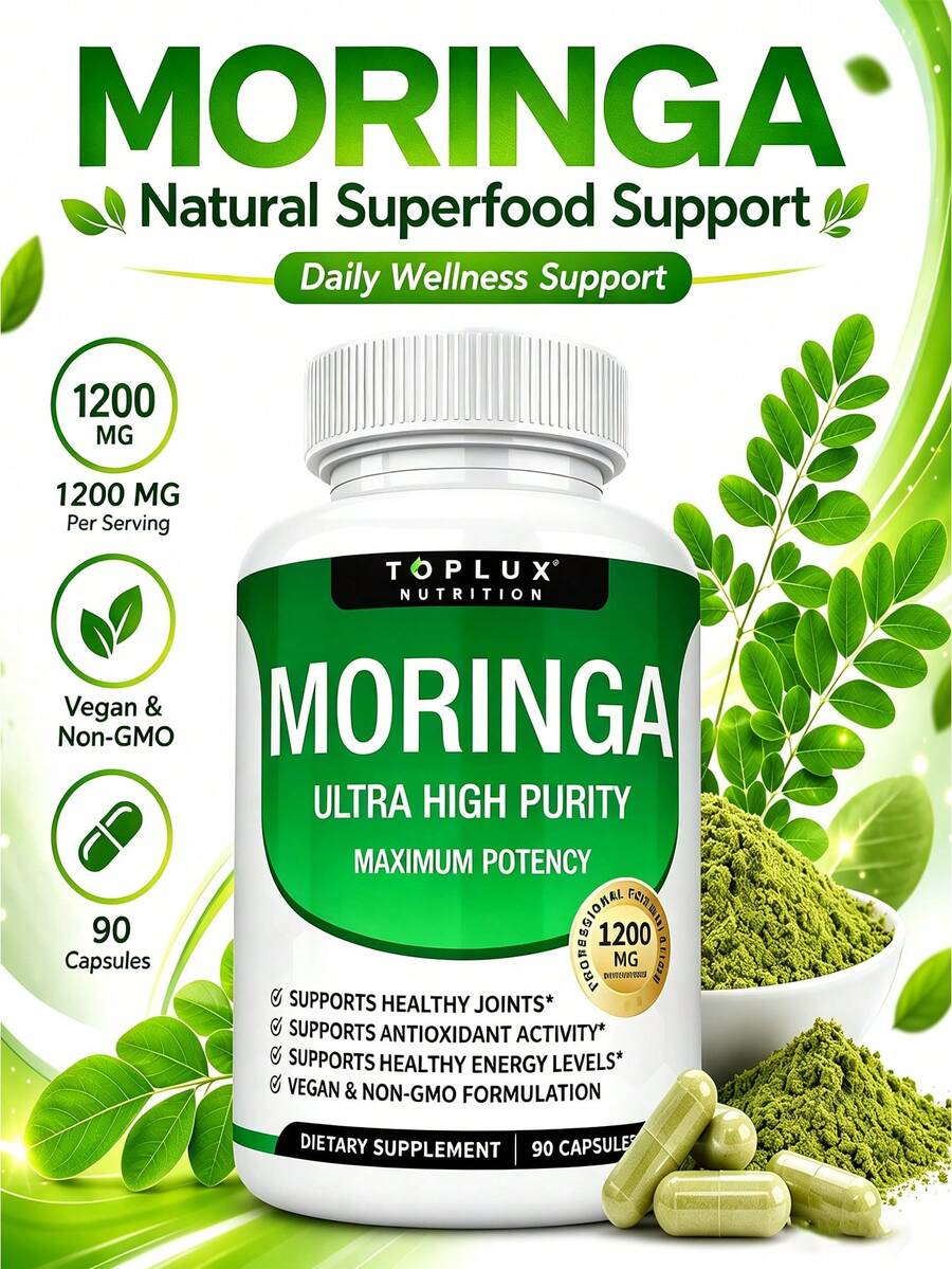 Moringa Oleifera Capsules, Natural Moringa Leaf Supplement With Plant-Based Antioxidants, Daily Energy, Immune, Digestive & Overall Wellness Support, Vegan Non-GMO Capsules - 1bottel