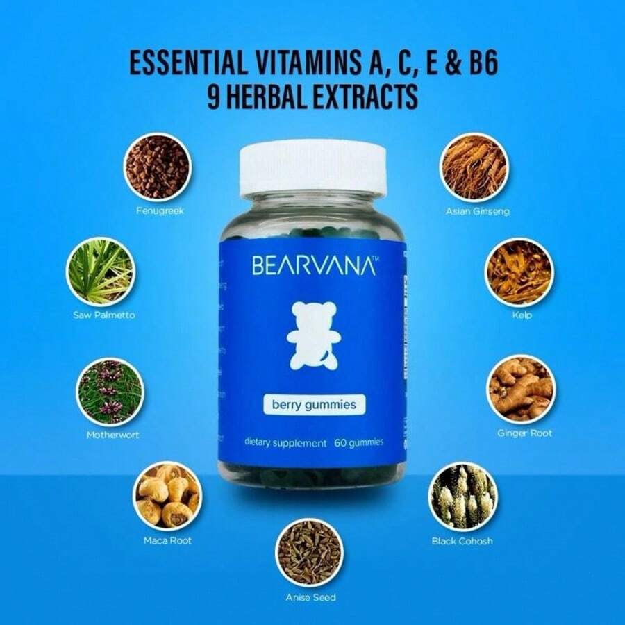 Bearvana Blue Bottle Bear Shaped Berry Chewy Gummies Dietary Supplement, Natural Mixed Berry Fruit Flavor Daily Gentle Wellness Nutrient Soft Gummies, 60 Count Portable Sealed Glass Bottle - 2PCS