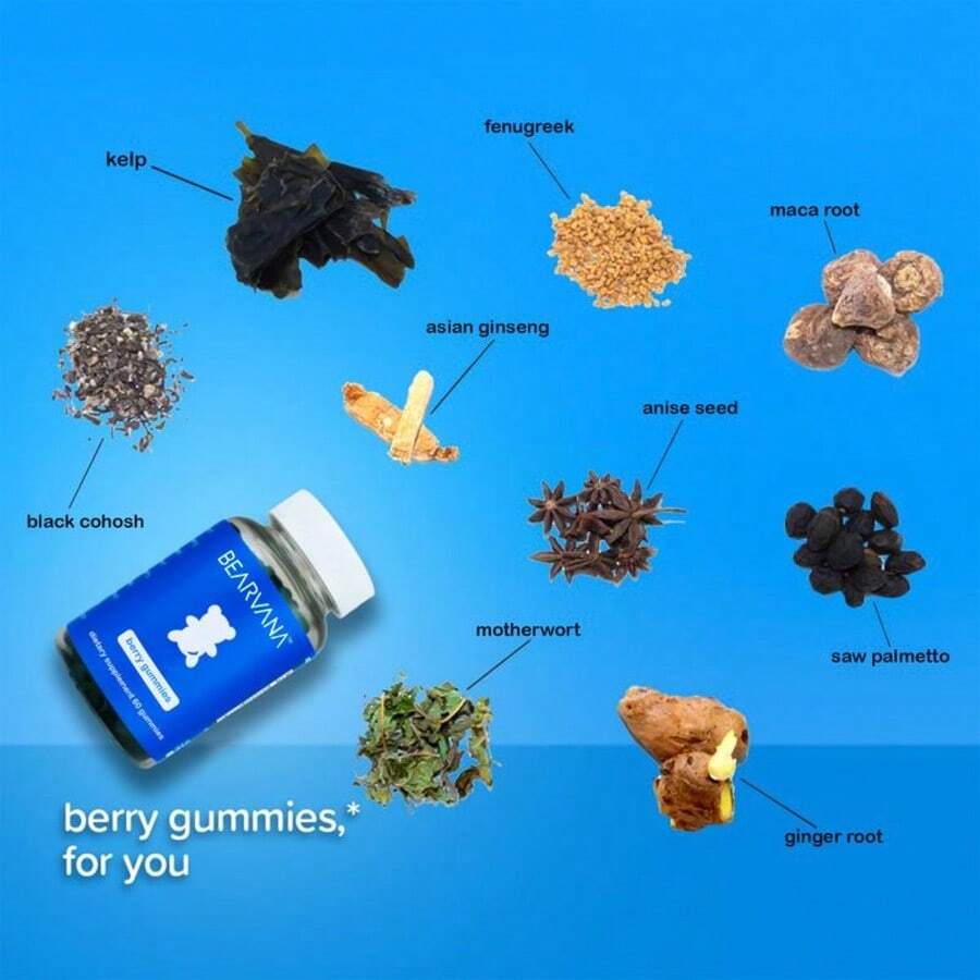 Bearvana Blue Bottle Bear Shaped Berry Chewy Gummies Dietary Supplement, Natural Mixed Berry Fruit Flavor Daily Gentle Wellness Nutrient Soft Gummies, 60 Count Portable Sealed Glass Bottle - Default Color