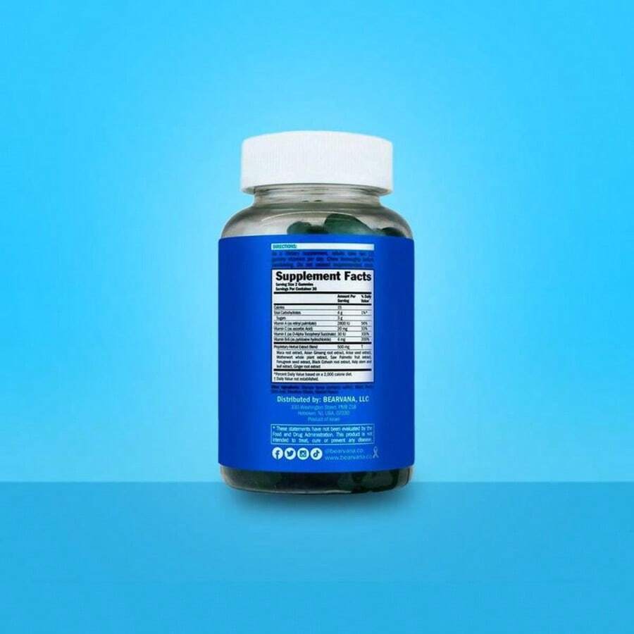 Bearvana Blue Bottle Bear Shaped Berry Chewy Gummies Dietary Supplement, Natural Mixed Berry Fruit Flavor Daily Gentle Wellness Nutrient Soft Gummies, 60 Count Portable Sealed Glass Bottle - 1PCS
