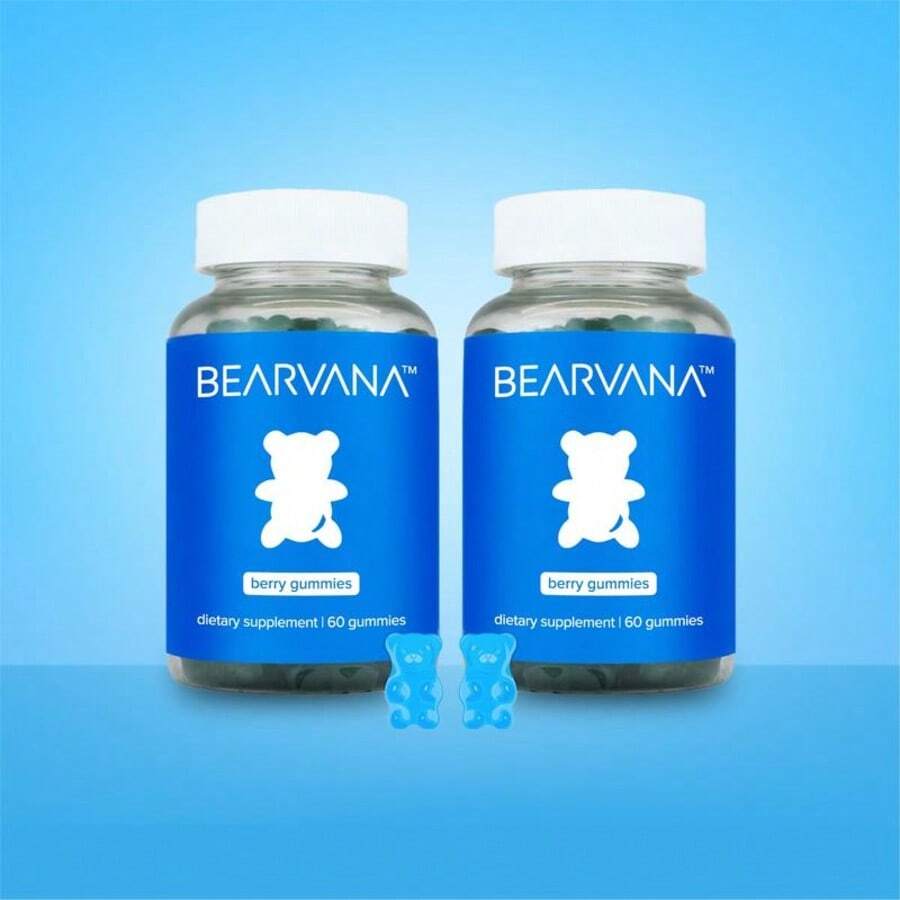 Bearvana Blue Bottle Bear Shaped Berry Chewy Gummies Dietary Supplement, Natural Mixed Berry Fruit Flavor Daily Gentle Wellness Nutrient Soft Gummies, 60 Count Portable Sealed Glass Bottle - 2PCS