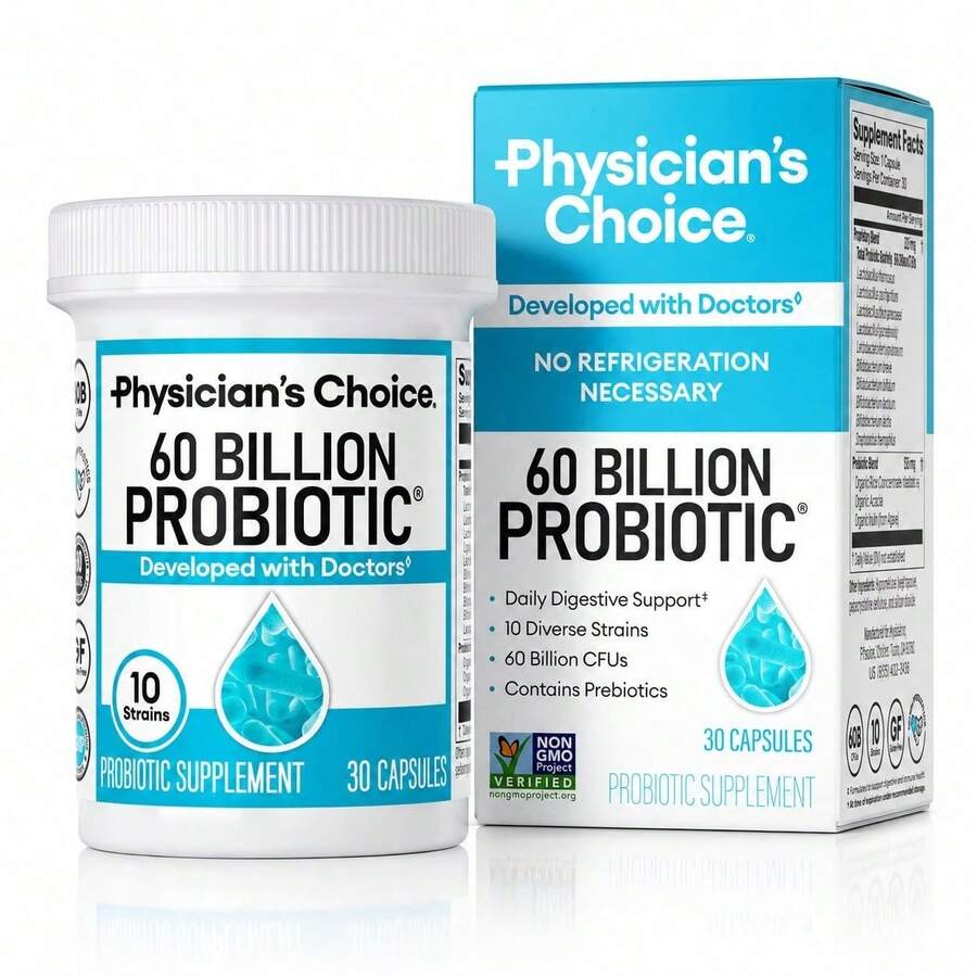 Physician's Choice 60 Billion Probiotic Capsules|     10 Strain Probiotic + Prebiotic Blend|     Dietary Supplement|     30 Count - 1 Bottle