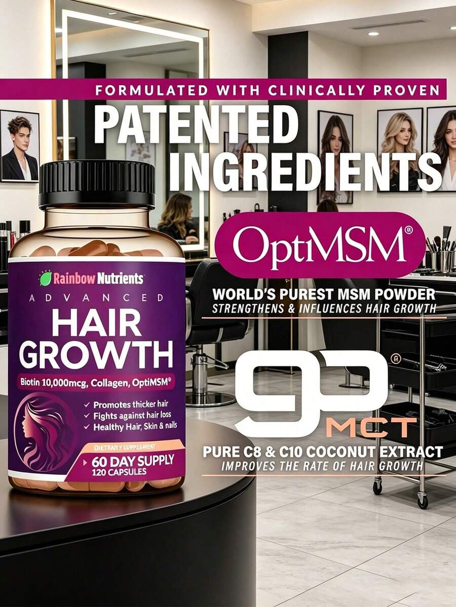 Hair Growth Vitamins For Women| Biotin 10,000mcg, Collagen, Patented OptiMSM®, GoMCT®Saw Palmetto| Naturally Regrow Stronger & Healthier Hair, Skin And Nails| Stops Hair Loss| 60 Day Supply - Default Color
