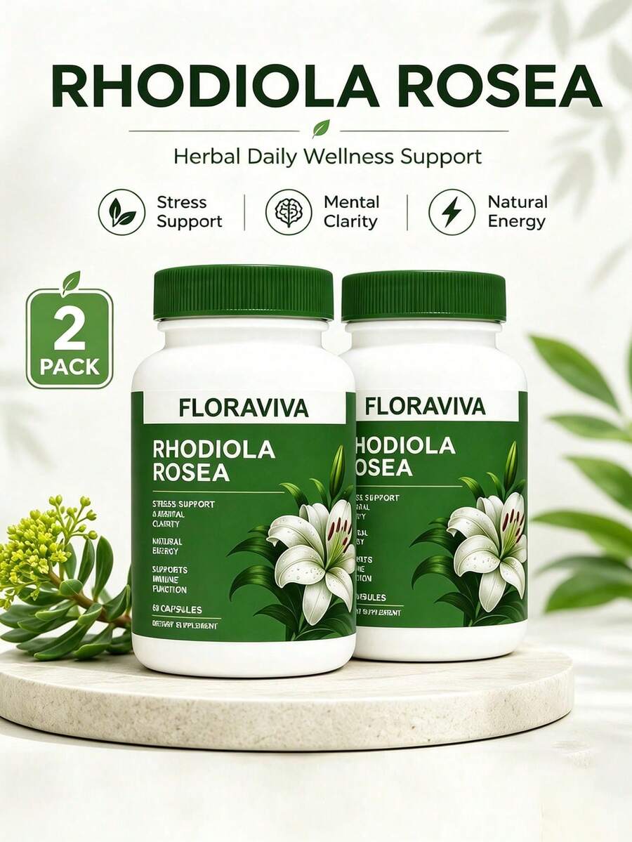 FLORAVIVA Rhodiola Rosea 500mg Capsules, Rhodiola Extract Supplement With 3% Salidrosides & 1% Rosavins, Natural Energy, Stress Support, Mental Clarity, Focus & Immune Wellness Support, Vegan Gluten Free, 60 Capsules - 2bottel