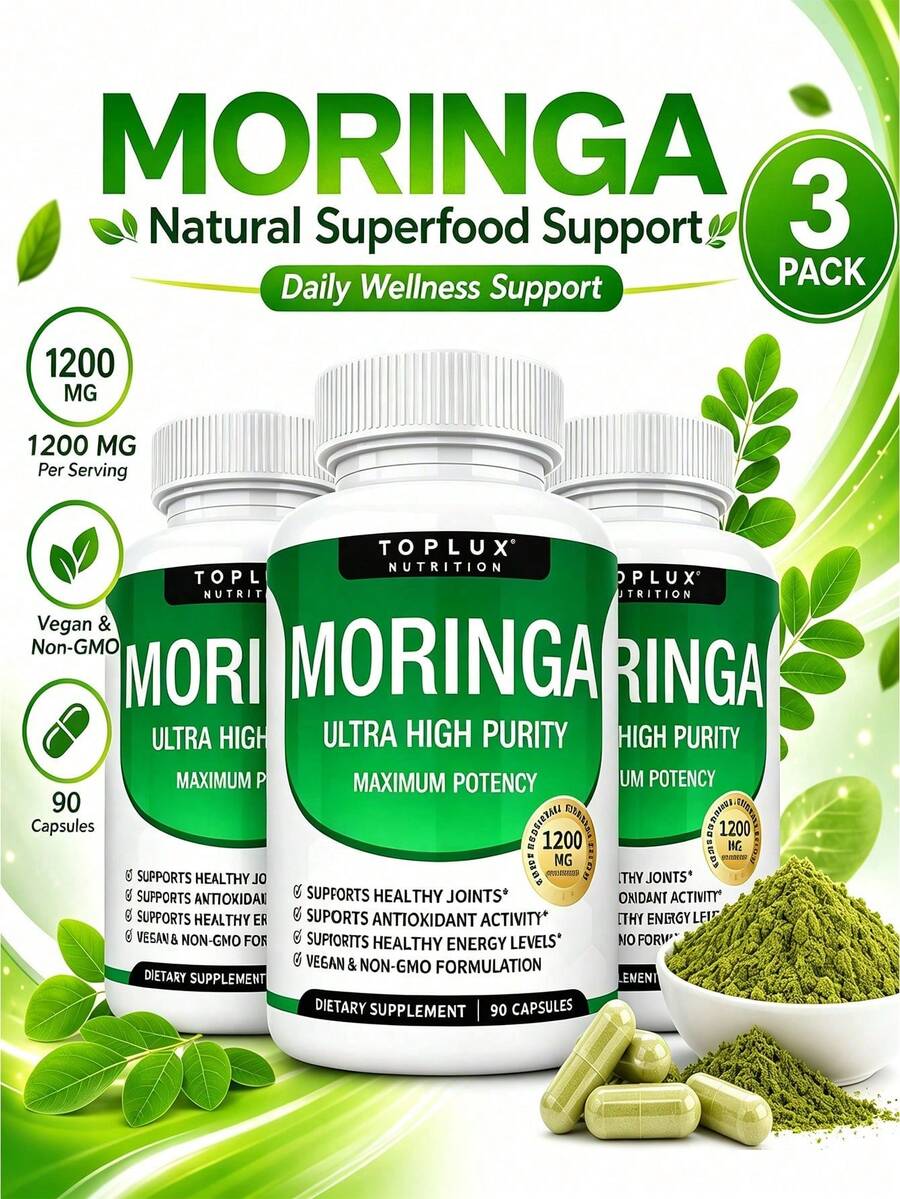 Moringa Oleifera Capsules, Natural Moringa Leaf Supplement With Plant-Based Antioxidants, Daily Energy, Immune, Digestive & Overall Wellness Support, Vegan Non-GMO Capsules - 3 Bottles