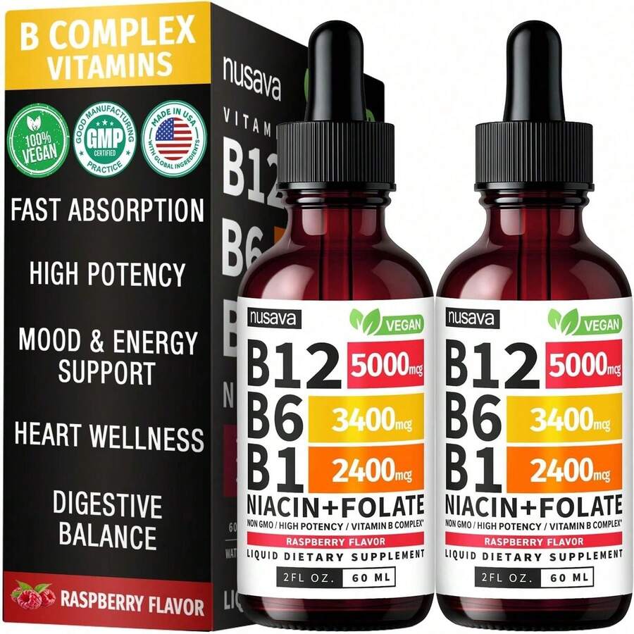 Vitamin B12 And B6 Liquid Drops, B12 Sublingual Vitamin B Complex - B 12 Vitamin 5000mcg - B12 Methylcobalamin For Energy, Brain, And Heart Support With 27,200 Mcg, Raspberry - 2 Pack