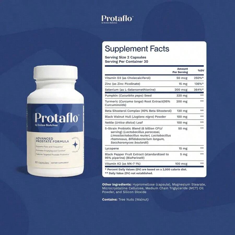 Protaflo Capsules Dietary Supplement, Blend Of Probiotics, Black Walnut, Nettle, Turmeric, Lycopene, Pumpkin Seed, Vitamin D3 & K2, Zinc And Selenium, 60 Capsules - Default Color