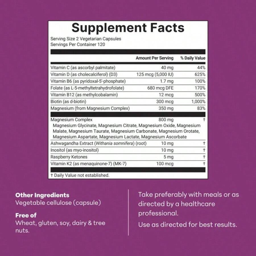 Women's Magnesium Complex Dietary Supplement, 240 Vegetarian Capsules, 20‑In‑1 Formula Featuring Vitamin D3, K2, Ashwagandha & Other Ingredients, Filler Free, Non‑GMO - 1