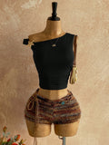 Brown striped one shoulder backless summer outfit