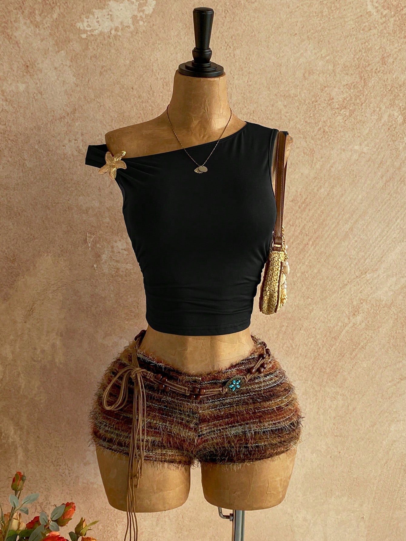 Brown striped one shoulder backless summer outfit