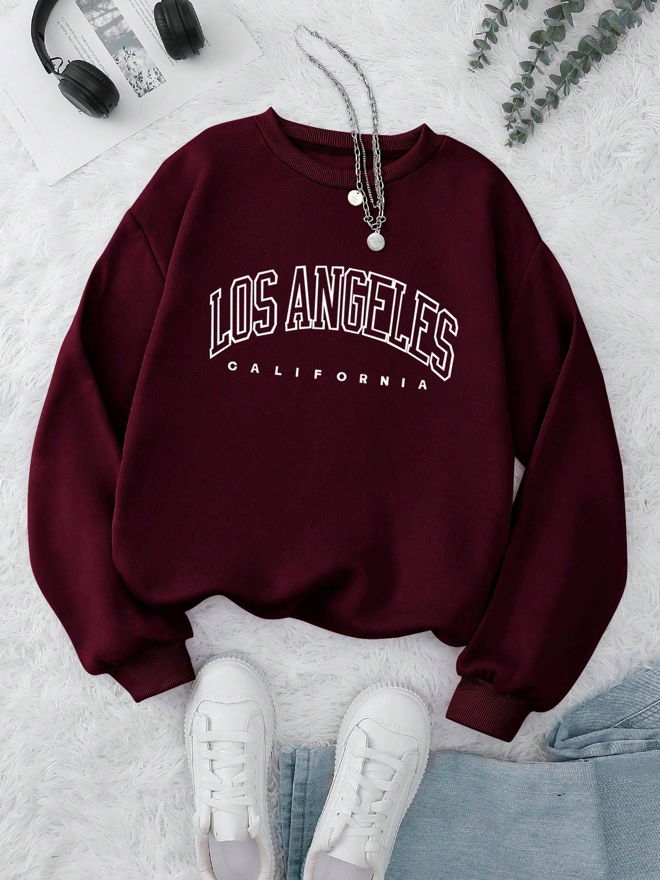 Front view of INAWLY womens casual burgundy crewneck sweatshirt with letter print