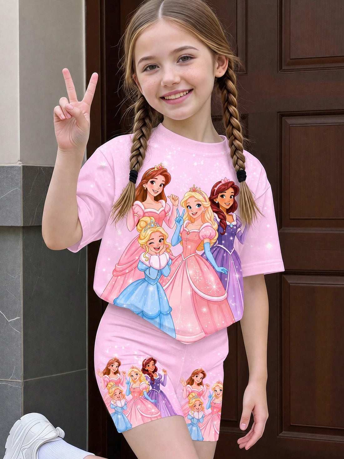 Front view of girls 2-piece summer outfit featuring princess tee and butterfly deer shorts