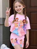 Front view of girls 2-piece summer outfit featuring princess tee and butterfly deer shorts