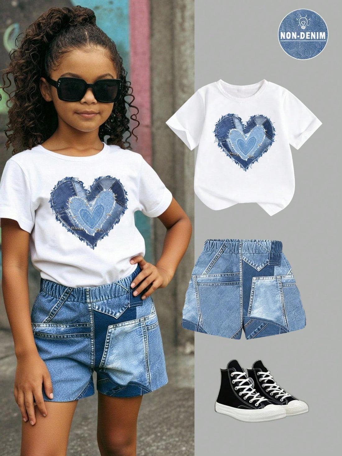 Front view of girls 2-piece summer outfit set with cartoon floral princess tee and shorts