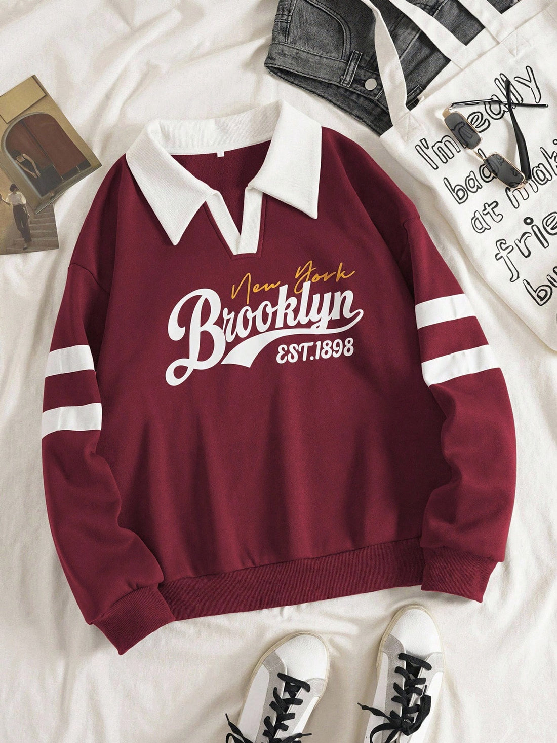 INAWLY women's Christmas burgundy turndown collar sweatshirt