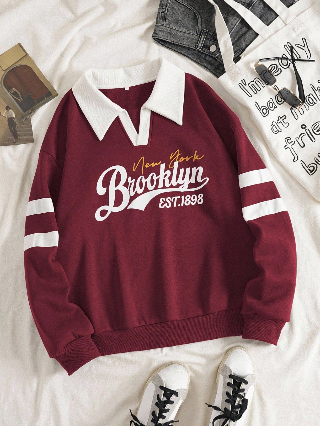 INAWLY women's Christmas burgundy turndown collar sweatshirt