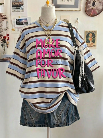 Lalippa women's oversized striped digital print white T-shirt front view
