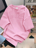 SHEIN EZwear plus size casual minimalist pink English text embossed pattern round neck short sleeve loose fit t-shirt