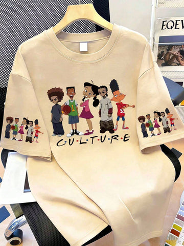 Women's casual cartoon pattern short sleeve round neck t-shirt made of polyester fiber for spring and summer