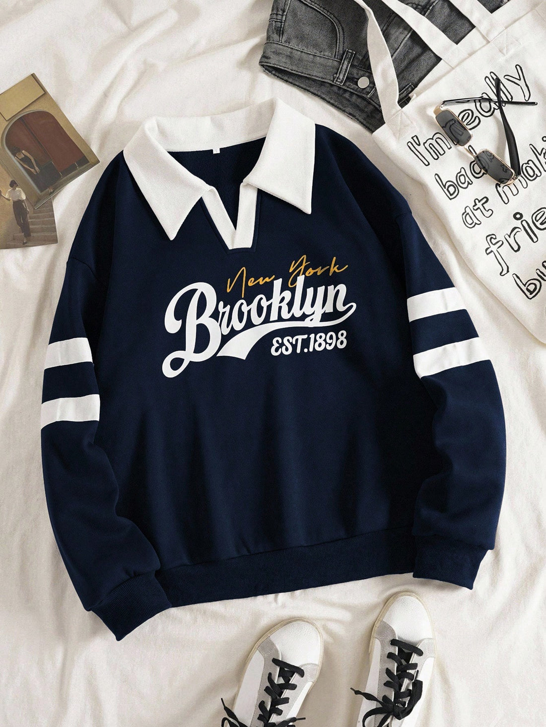 Women's loose fit navy blue long sleeve pullover
